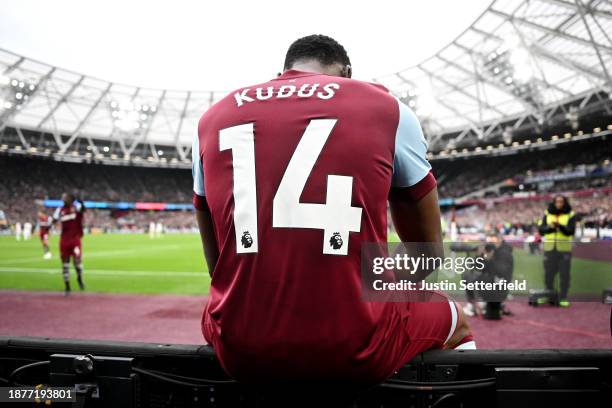 Mohammed Kudus of West Ham United celebrates after scoring their team's second goal during the Premier League match between West Ham United and...