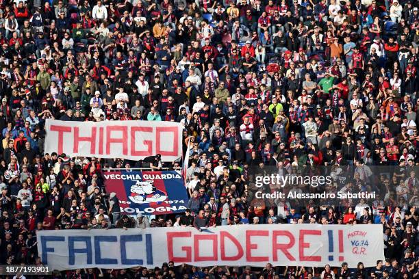 Fans of Bologna FC show their support as they hold banners during the Serie A TIM match between Bologna FC and Atalanta BC at Stadio Renato Dall'Ara...