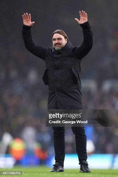 Daniel Farke, Manager of Leeds United, acknowledges the fans after the team's victory in the Sky Bet Championship match between Leeds United and...