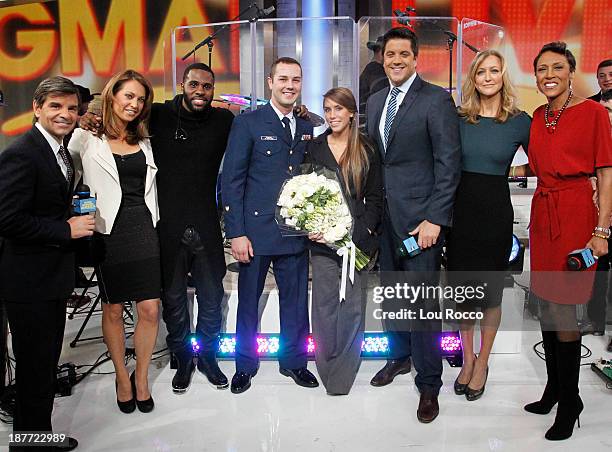 Samuel Peikert of the US Coast Guard proposes live with the help of Jason Derulo on "Good Morning America," 11/11/13, airing on the Walt Disney...