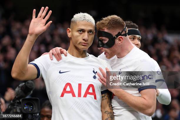 Richarlison of Tottenham Hotspur celebrates with Dejan Kulusevski of Tottenham Hotspur after scoring their team's first goal during the Premier...