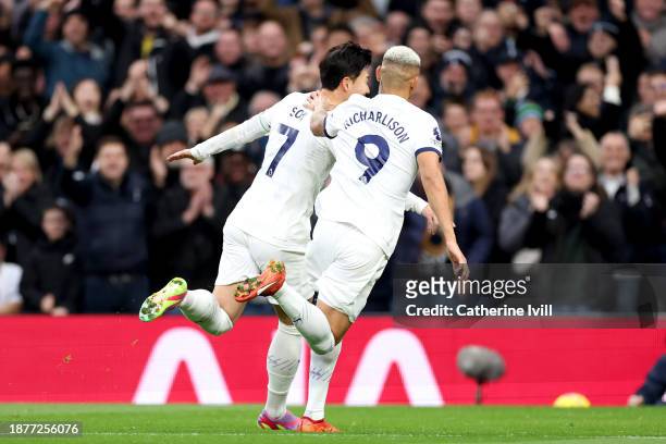 Son Heung-Min of Tottenham Hotspur celebrates with Richarlison of Tottenham Hotspur after scoring their team's second goal during the Premier League...