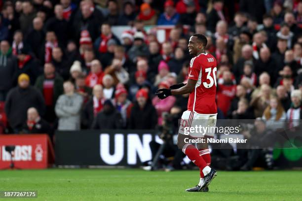 Willy Boly of Nottingham Forest reacts whilst leaving the field after being shown a red card, following a second yellow card, by Match Referee Robert...