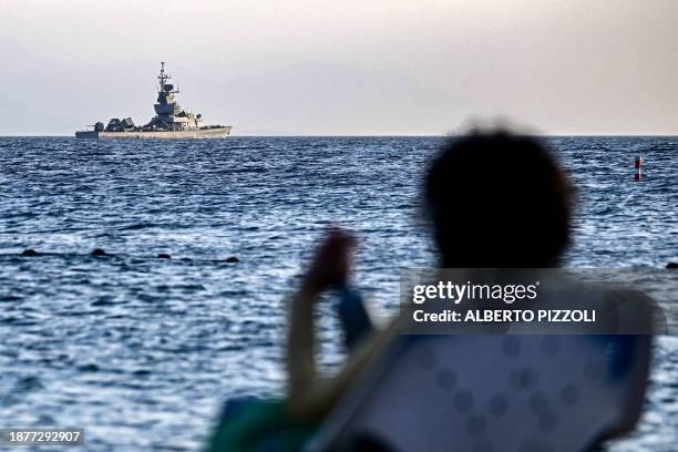 An Israeli navy missile boat patrols in the Red Sea off the coast of Israel's southern port city of Eliat on December 26, 2023.