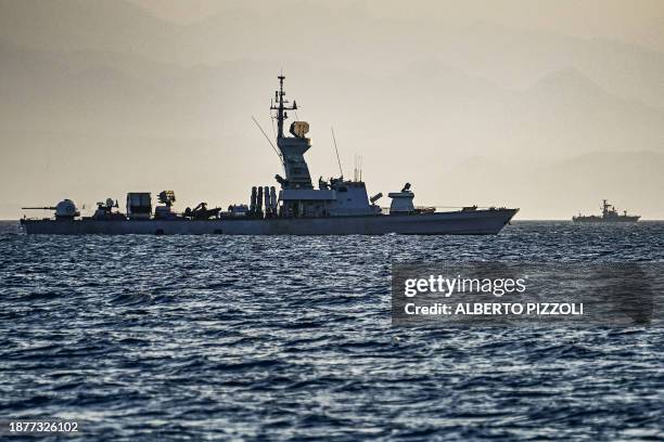 An Israeli navy missile boat patrols in the Red Sea off the coast of Israel's southern port city of Eliat on December 26, 2023.
