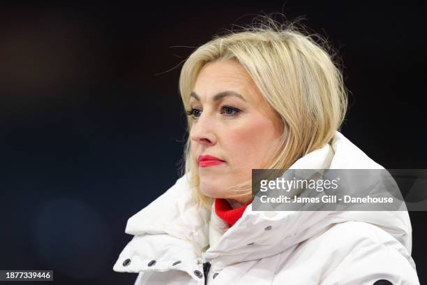 Sky Sports Presenter Kelly Cates during the Premier League match between Aston Villa and Sheffield United at Villa Park on December 22, 2023 in...