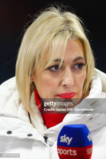 Sky Sports Presenter Kelly Cates during the Premier League match between Aston Villa and Sheffield United at Villa Park on December 22, 2023 in...