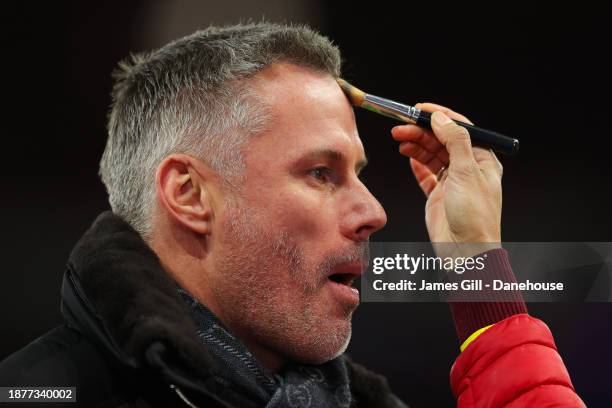 Sky Sports pundit Jamie Carragher during the Premier League match between Aston Villa and Sheffield United at Villa Park on December 22, 2023 in...