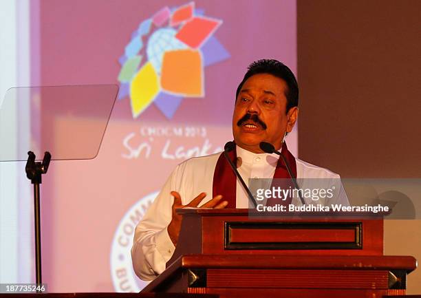 Sri Lankan President Mahinda Rajapaksa address the inaugural session of The Commonwealth Business Forum on November 12, 2013 in Colombo, Sri Lanka....