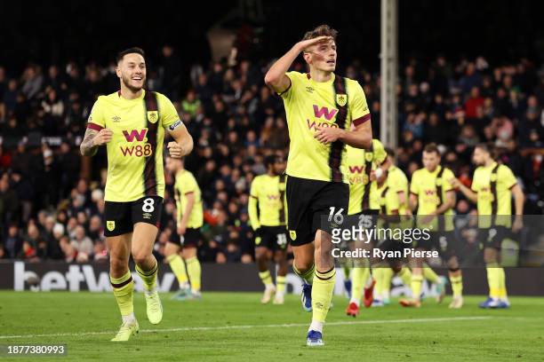 Sander Berge of Burnley celebrates after scoring their team's second goal during the Premier League match between Fulham FC and Burnley FC at Craven...