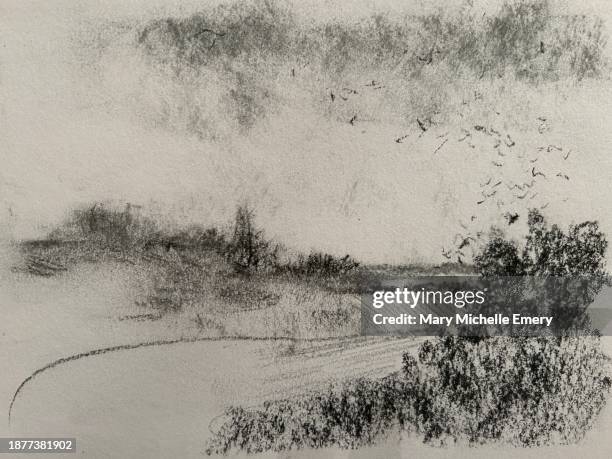 ilustrações de stock, clip art, desenhos animados e ícones de landscape in charcoal - desenho a carvão