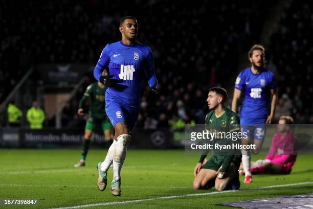 Juninho Bacuna of Birmingham City celebrates scoring their team's third goal during the Sky Bet Championship match between Plymouth Argyle and...