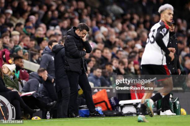 Marco Silva, Manager of Fulham, looks dejected during the Premier League match between Fulham FC and Burnley FC at Craven Cottage on December 23,...