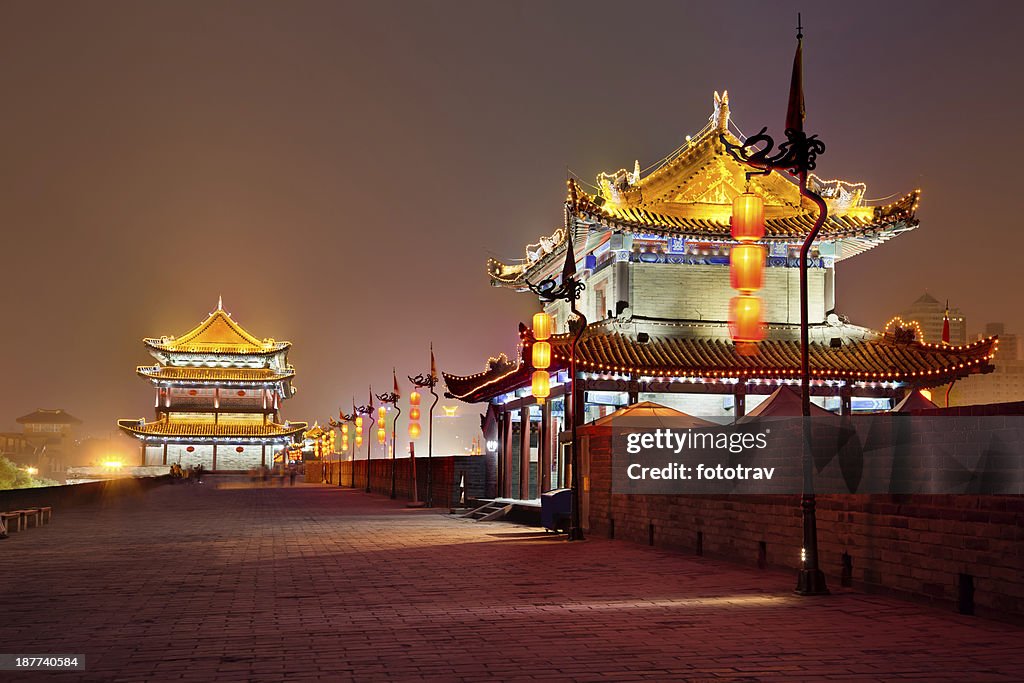 Night view of illuminated Xian City wall South gate in China