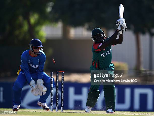 Steve Tikolo of Kenya is bowled by Bernard Scholtz of Namibia during the warm-up game between Kenya and Namibia ahead of the ICC World Twenty20...