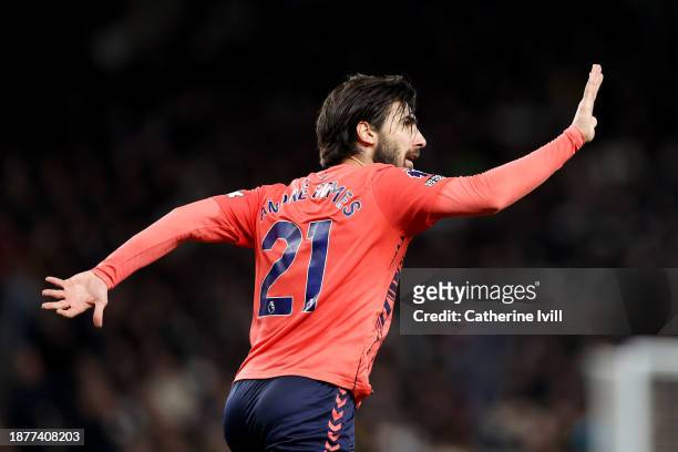 Andre Gomes of Everton celebrates after scoring their team's first goal during the Premier League match between Tottenham Hotspur and Everton FC at...