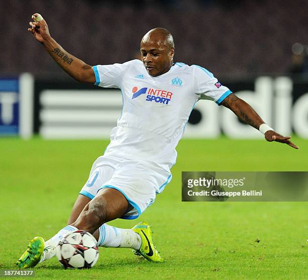 Andrè Ayew of Olympique de Marseille in action during the UEFA Champions League Group F match between SSC Napoli and Olympique de Marseille at Stadio...