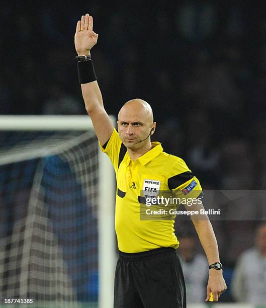 Referee Sergei Karasev during the UEFA Champions League Group F match between SSC Napoli and Olympique de Marseille at Stadio San Paolo on November...