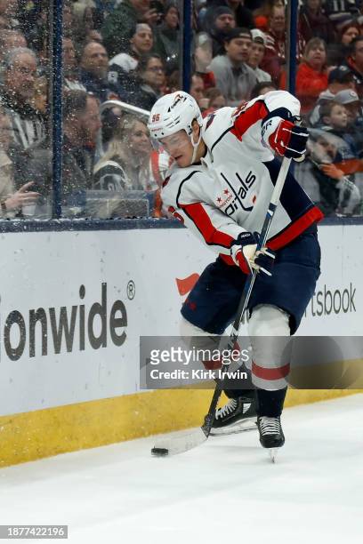 Nicolas Aube-Kubel of the Washington Capitals controls the puck during the game against the Columbus Blue Jackets at Nationwide Arena on December 21,...
