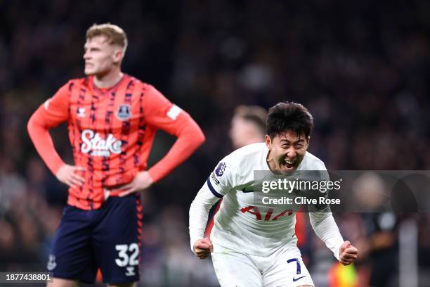 Son Heung-Min of Tottenham Hotspur celebrates after the team's victory in the Premier League match between Tottenham Hotspur and Everton FC at...