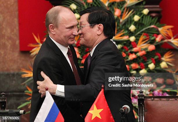 Russian President Vladimir Putin attends a meeting with Vietnamese President Truong Tan Sang on November 12, 2013 in Hanoi, Vietnam. Putin's one-day...