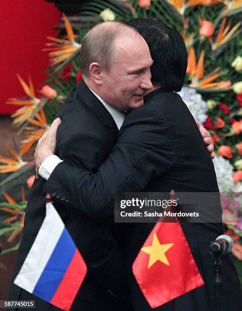 Russian President Vladimir Putin attends a meeting with Vietnamese President Truong Tan Sang on November 12, 2013 in Hanoi, Vietnam. Putin's one-day...