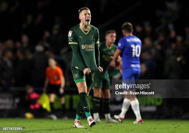 Lewis Gibson of Plymouth Argyle reacts following a draw with Birmingham City during the Sky Bet Championship match between Plymouth Argyle and...
