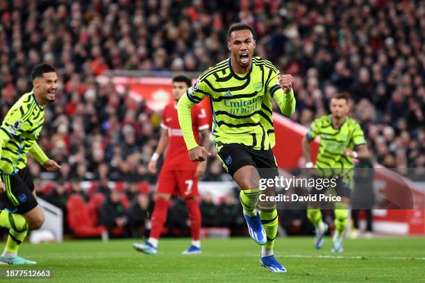 Gabriel of Arsenal celebrates after scoring their team's first goal during the Premier League match between Liverpool FC and Arsenal FC at Anfield on...
