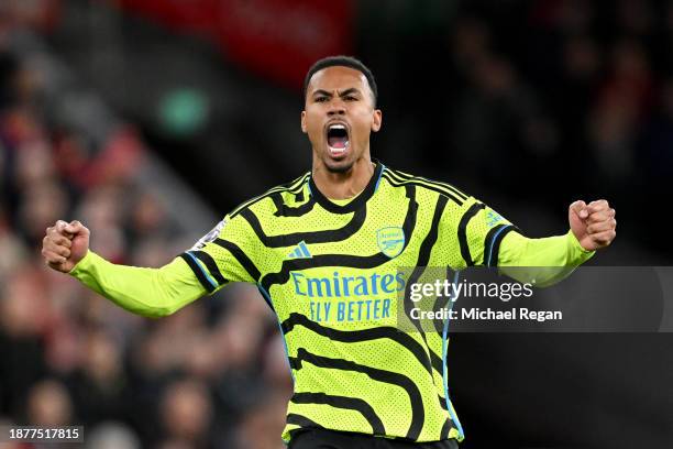 Gabriel of Arsenal celebrates after scoring their team's first goal during the Premier League match between Liverpool FC and Arsenal FC at Anfield on...