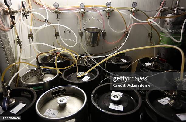 Tubes leading upstairs to beer taps are seen connected to kegs of beer in the cellar at Hops & Barley brewery on November 12, 2013 in Berlin,...