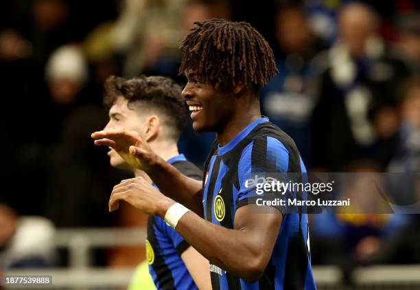 Yann Aurel Bisseck of FC Internazionale celebrates after scoring their team's first goal during the Serie A TIM match between FC Internazionale and...