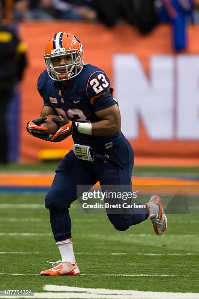 Prince-Tyson Gulley of Syracuse Orange runs for a five yard gain in the third quarter against Wake Forest Demon Deacons on November 2, 2013 at the...