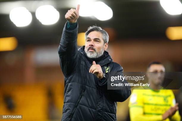 David Wagner the manager of Norwich City gestures to the fans at full time during the Sky Bet Championship match between Norwich City and...