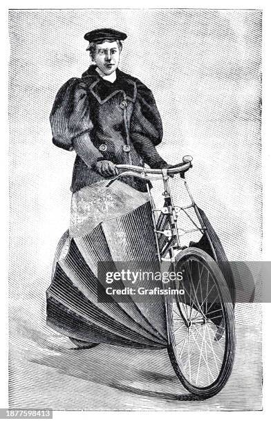 ilustrações, clipart, desenhos animados e ícones de homem andando de bicicleta com proteção contra a chuva ilustração de 1896 - monta de toro