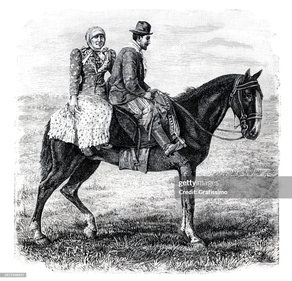 Argentine gaucho with wife riding horse 1896