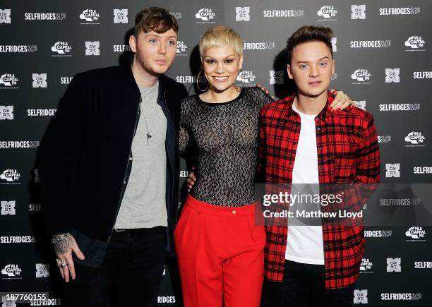 James Arthur, Jessie J and Conor Maynard prepare to switch on the Oxford Street Christmas lights at Selfridges at Oxford Street on November 12, 2013...