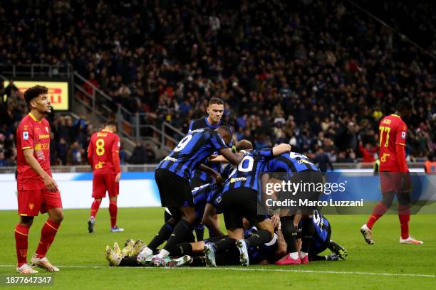 Nicolo Barella of FC Internazionale celebrates with teammates after scoring their team's second goal during the Serie A TIM match between FC...