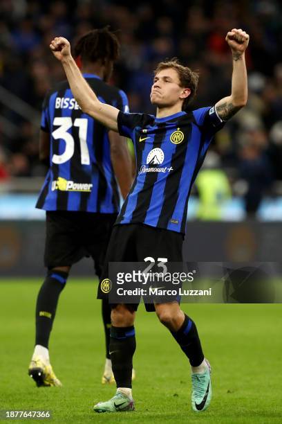 Nicolo Barella of FC Internazionale celebrates after scoring their team's second goal during the Serie A TIM match between FC Internazionale and US...