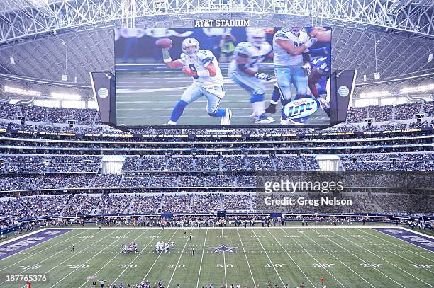 Overall view of HD video screen above field during Dallas Cowboys vs Minnesota Vikings game at AT&T Stadium. Arlington, TX 11/3/2013 CREDIT: Greg...