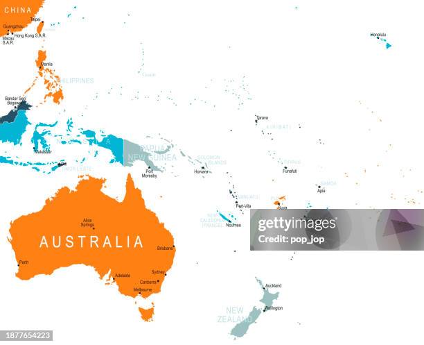 australia and oceania map. vector colored map of oceania - french overseas territory stock illustrations