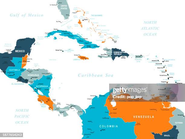 karte von mittelamerika. vektor farbige karte von lateinamerika - latin america map stock-grafiken, -clipart, -cartoons und -symbole