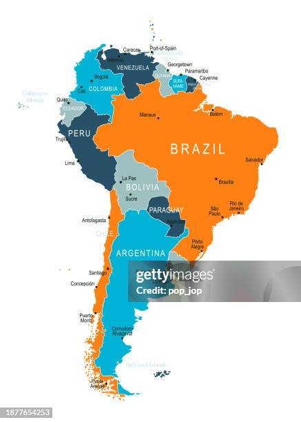 south america map. vector colored map of south america - bolivia stock illustrations
