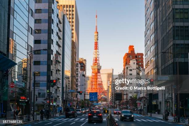 cityscape and tokyo tower at sunset, tokyo, japan - prefeitura de tóquio imagens e fotografias de stock