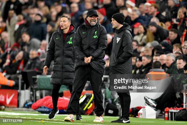 Juergen Klopp, Manager of Liverpool, reacts during the Premier League match between Liverpool FC and Arsenal FC at Anfield on December 23, 2023 in...