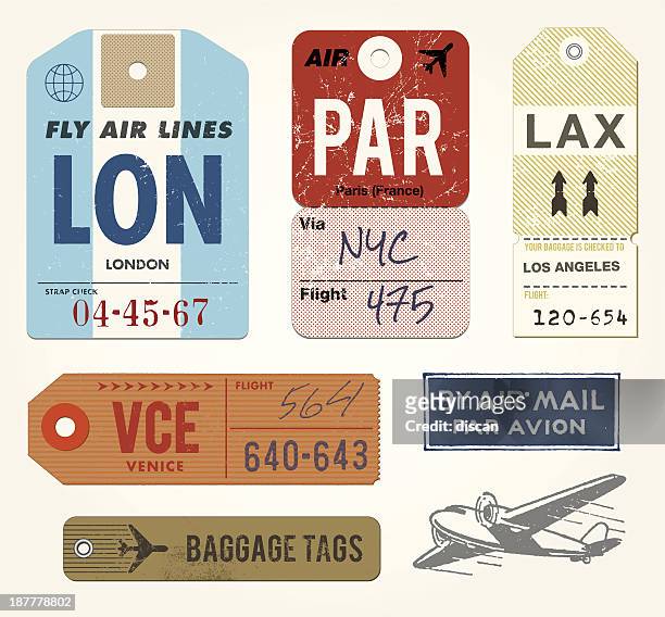 baggage tags and stamps - vintage luggage stock illustrations