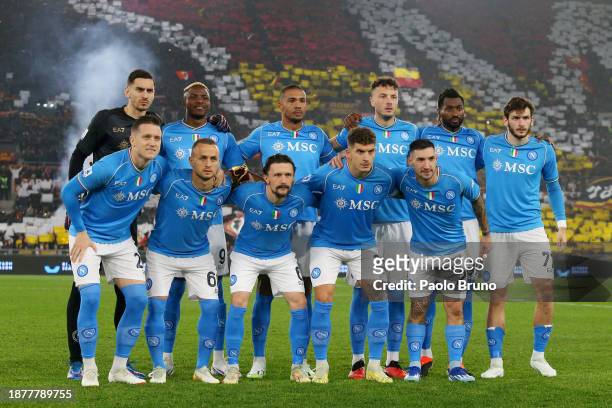 Players of SSC Napoli pose for a team photograph prior to the Serie A TIM match between AS Roma and SSC Napoli at Stadio Olimpico on December 23,...