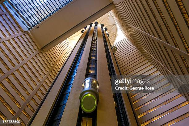 The futuristic elevators at the Marriott Marquis Hotel in Times Square are viewed on October 21, 2013 in New York City. With a full schedule of...