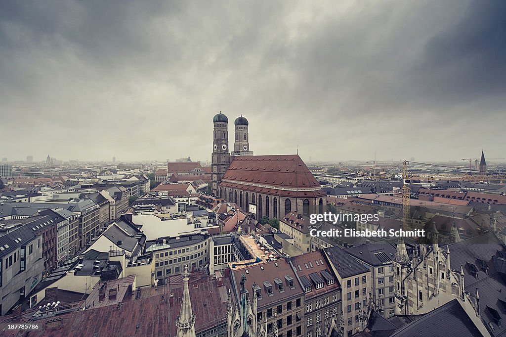 Top view over central Munich with Frauenkirche