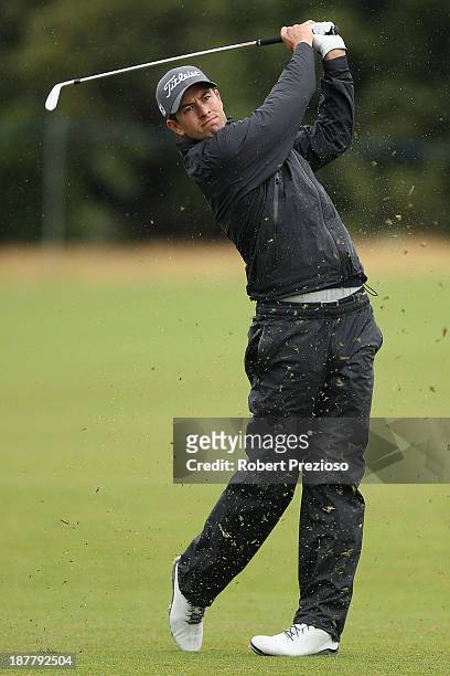 Adam Scott of Australia plays his second shot on the 4th hole during the Pro Am ahead of the 2013 Australian Masters at Royal Melbourne Golf Course...