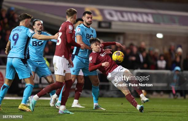 Kieron Bowie of Northampton Town attempts a shot at goa during the Sky Bet League One match between Northampton Town and Oxford United at Sixfields...